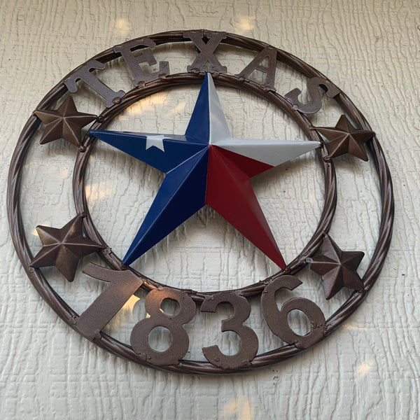 TEXAS FLAG STAR RED WHT BLUE STAR & BRONZE COPPER RING 1836 TEXAS METAL BARN LONE STAR WESTERN HOME DECOR HANDMADE NEW 12",18",24",32",36",50"