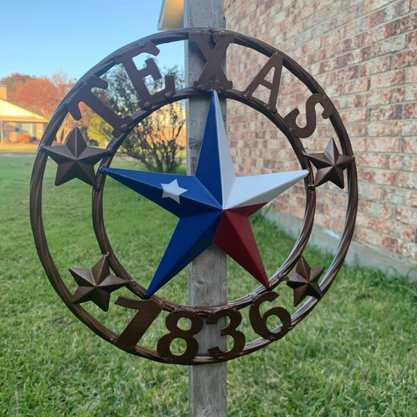 TEXAS FLAG STAR RED WHT BLUE STAR & BRONZE COPPER RING 1836 TEXAS METAL BARN LONE STAR WESTERN HOME DECOR HANDMADE NEW 12",18",24",32",36",50"