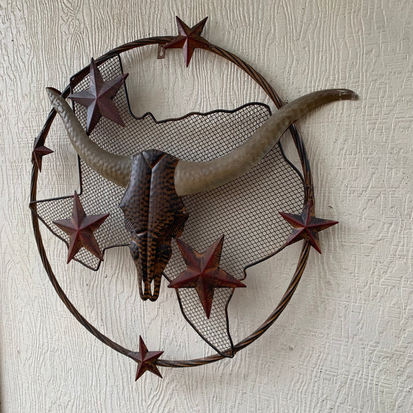 24" LONGHORNS & STARS METAL WALL ART SCULPTURE WESTERN HOME DECOR HANDMADE NEW