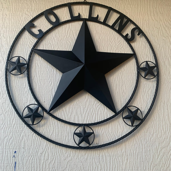 COLLINS STYLE CUSTOM STAR NAME BARN METAL STAR 3d TWISTED ROPE RING WESTERN HOME DECOR RUSTIC  BLACK HANDMADE 24",32",36",50"