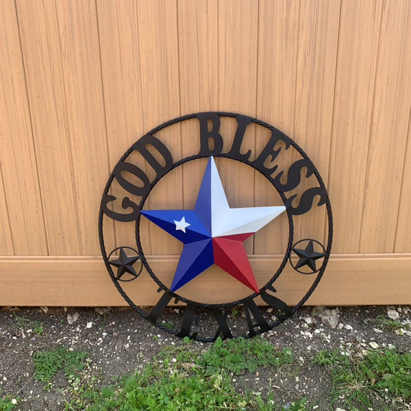 GOD BLESS TEXAS RED WHITE BLUE BARN METAL STAR BRONZE TWISTED ROPE RING WALL ART WESTERN HOME DECOR HANDMADE