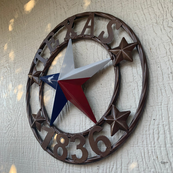 TEXAS FLAG STAR RED WHT BLUE STAR & BRONZE COPPER RING 1836 TEXAS METAL BARN LONE STAR WESTERN HOME DECOR HANDMADE NEW 12",18",24",32",36",50"