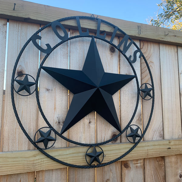 COLLINS STYLE CUSTOM STAR NAME BARN METAL STAR 3d TWISTED ROPE RING WESTERN HOME DECOR RUSTIC  BLACK HANDMADE 24",32",36",50"