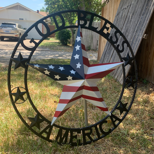 GOD BLESS AMERICA USA FLAG 3d STAR METAL BARN STAR LONE STAR TWISTED ROPE RING WALL ART WESTERN HOME DECOR RED WHITE & BLUE HANDMADE NEW #EH10490