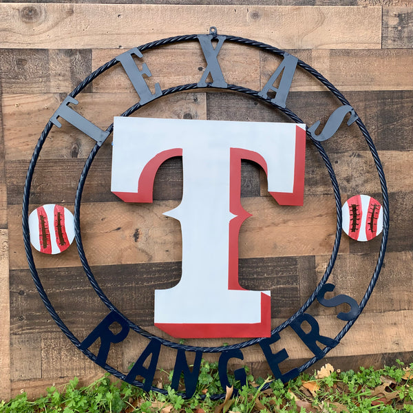 TEXAS RANGERS CUSTOM METAL VINTAGE CRAFT TEAM SIGN WHITE & RED & NAVY BLUE RING HANDMADE