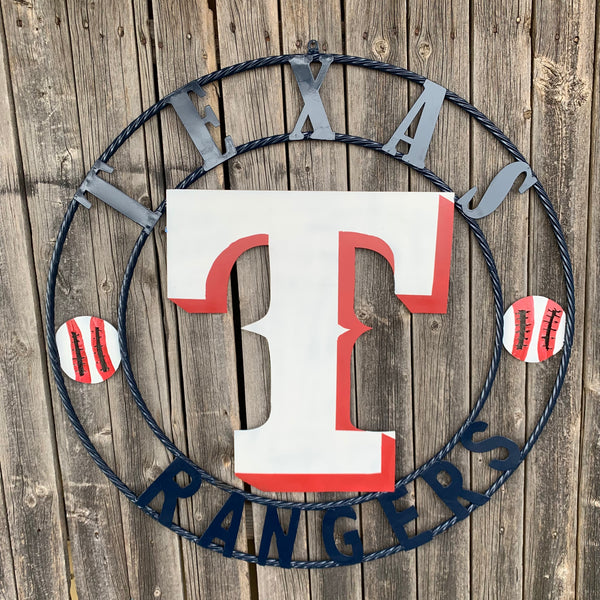 TEXAS RANGERS CUSTOM METAL VINTAGE CRAFT TEAM SIGN WHITE & RED & NAVY BLUE RING HANDMADE