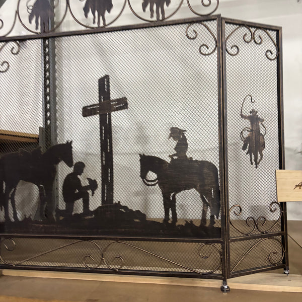 PRAYING COWBOY CHURCH METAL FIREPLACE SCREEN 39" X 34" WESTERN HOME DECOR HANDMADE #EH80004