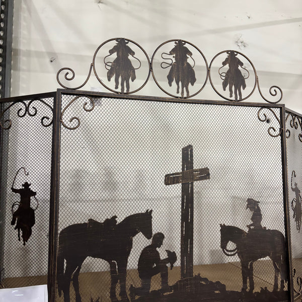 PRAYING COWBOY CHURCH METAL FIREPLACE SCREEN 39" X 34" WESTERN HOME DECOR HANDMADE #EH80004
