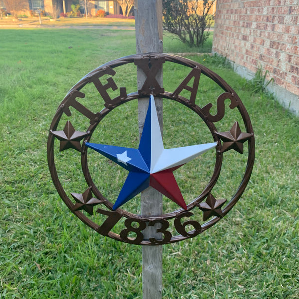 TEXAS FLAG STAR RED WHT BLUE STAR & BRONZE COPPER RING 1836 TEXAS METAL BARN LONE STAR WESTERN HOME DECOR HANDMADE NEW 12",18",24",32",36",50"