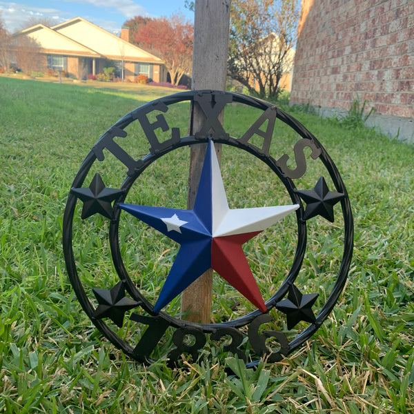 TEXAS FLAG STAR RED WHT BLUE STAR & BLACK RING METAL BARN LONE STAR WESTERN HOME DECOR HANDMADE NEW 12",18",24",36",50"