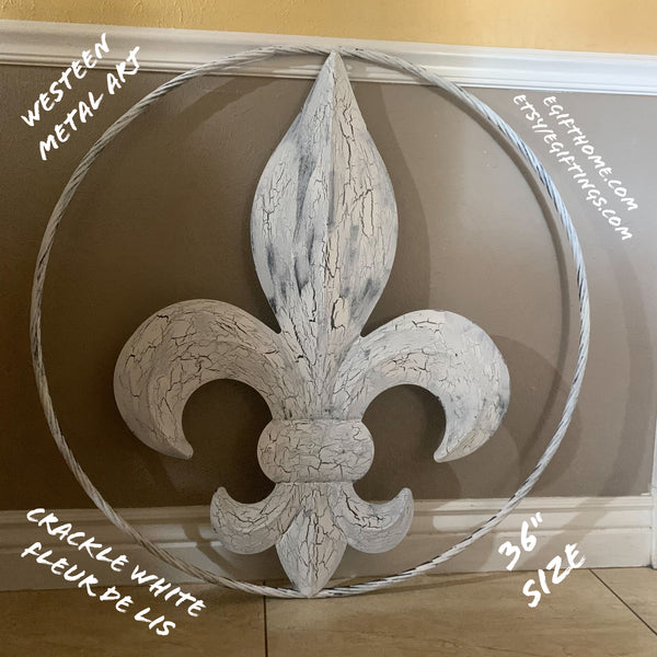 24",36" FLEUR DE LIS METAL CRACKLE WHITE WESTERN HOME DECOR HANDMADE WALL ART NEW