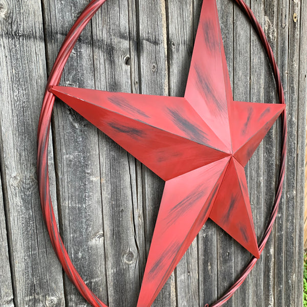 RED DISTRESSED STAR TWO TONE TEXTURE BARN STAR METAL LONESTAR TWISTED ROPE RING WESTERN HOME DECOR HANDMADE NEW