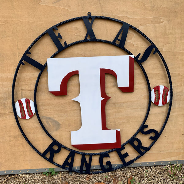 TEXAS RANGERS CUSTOM METAL VINTAGE CRAFT TEAM SIGN WHITE & RED & NAVY BLUE RING HANDMADE