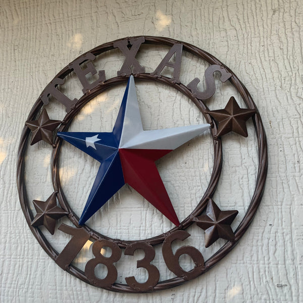 TEXAS FLAG STAR RED WHT BLUE STAR & BRONZE COPPER RING 1836 TEXAS METAL BARN LONE STAR WESTERN HOME DECOR HANDMADE NEW 12",18",24",32",36",50"