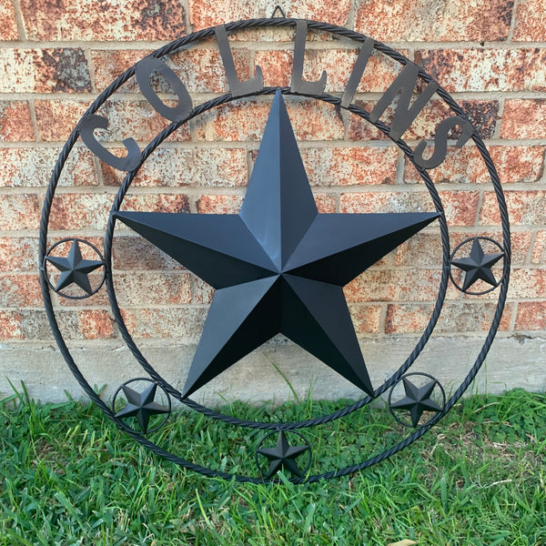 COLLINS STYLE CUSTOM STAR NAME BARN METAL STAR 3d TWISTED ROPE RING WESTERN HOME DECOR RUSTIC  BLACK HANDMADE 24",32",36",50"