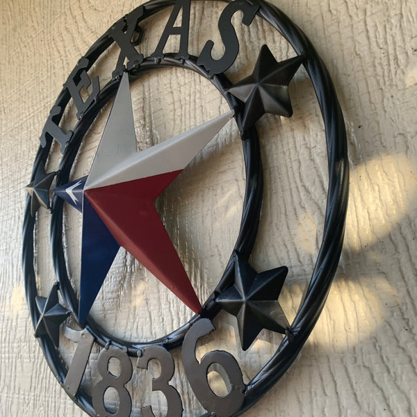 TEXAS FLAG STAR RED WHT BLUE STAR & BLACK RING METAL BARN LONE STAR WESTERN HOME DECOR HANDMADE NEW 12",18",24",36",50"