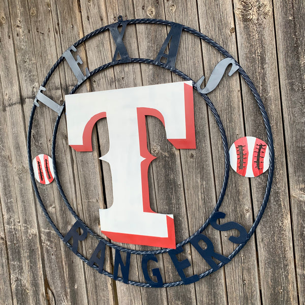 TEXAS RANGERS CUSTOM METAL VINTAGE CRAFT TEAM SIGN WHITE & RED & NAVY BLUE RING HANDMADE