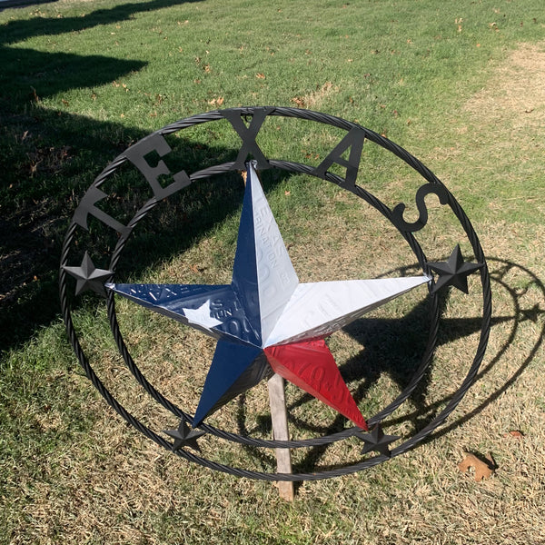 TEXAS LICENSE PLATE BARN STAR METAL LONE STAR TWISTED BLACK RING & LETTERS WESTERN HOME DECOR HANDMADE NEW