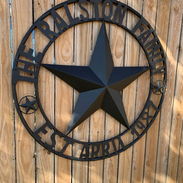 RALSTON FAMILY STYLE CUSTOM NAME STAR BARN METAL STAR 3d TWISTED ROPE RING WESTERN HOME DECOR RUSTIC BLACK HANDMADE 24",32",36",50"