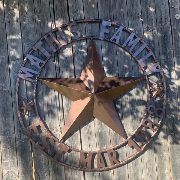 MATHIS STYLE CUSTOM STAR NAME BARN STAR METAL 3d STAR TWISTED ROPE RING WESTERN HOME DECOR RUSTIC BRONZE HANDMADE 24",32",36",50"