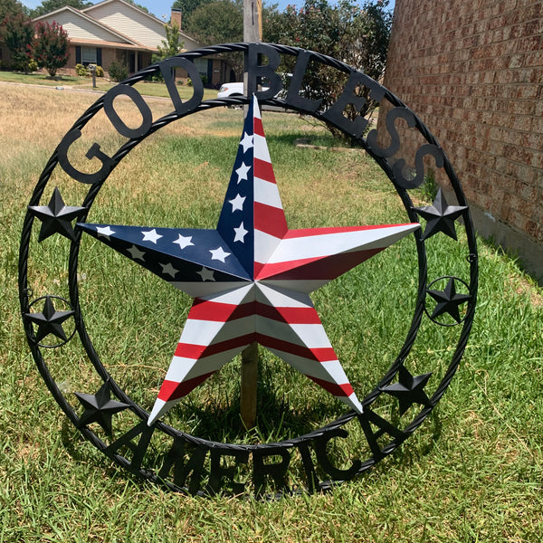 GOD BLESS AMERICA USA FLAG 3d STAR METAL BARN STAR LONE STAR TWISTED ROPE RING WALL ART WESTERN HOME DECOR RED WHITE & BLUE HANDMADE NEW #EH10490