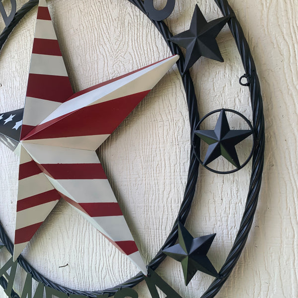 GOD BLESS AMERICA USA FLAG 3d STAR METAL BARN STAR LONE STAR TWISTED ROPE RING WALL ART WESTERN HOME DECOR RED WHITE & BLUE HANDMADE NEW #EH10490