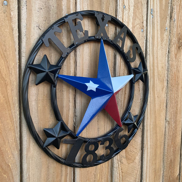 TEXAS FLAG STAR RED WHT BLUE STAR & BLACK RING METAL BARN LONE STAR WESTERN HOME DECOR HANDMADE NEW 12",18",24",36",50"