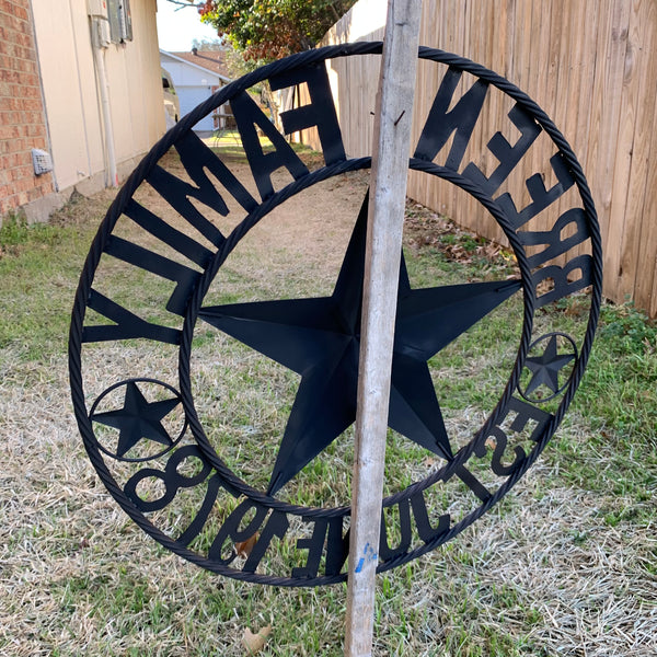 BREEN FAMILY STYLE CUSTOM NAME STAR BARN METAL STAR 3d TWISTED ROPE RING WESTERN HOME DECOR RUSTIC BROWN HANDMADE 24",32",36",50"