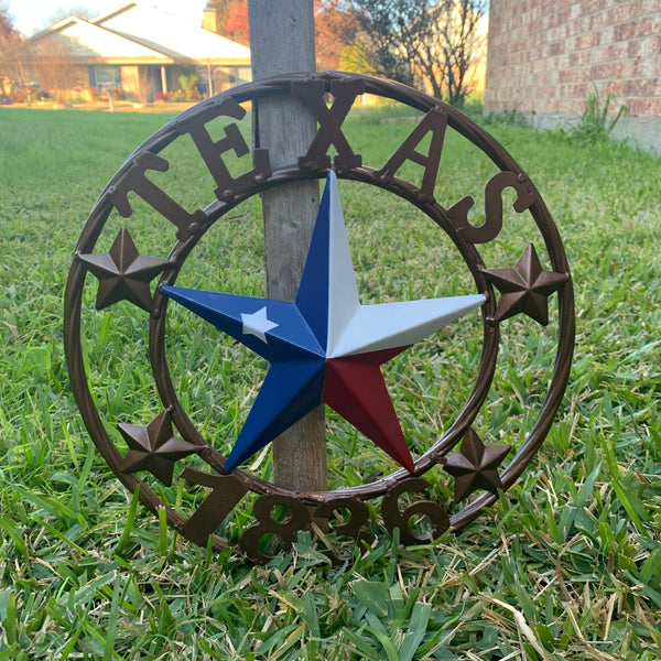 12",18",24",32",36",50" TEXAS FLAG STAR RED WHT BLUE STAR & BRONZE COPPER RING METAL BARN LONE STAR WESTERN HOME DECOR HANDMADE NEW