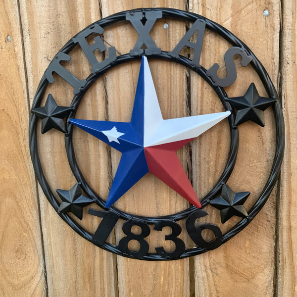 TEXAS FLAG STAR RED WHT BLUE STAR & BLACK RING METAL BARN LONE STAR WESTERN HOME DECOR HANDMADE NEW 12",18",24",36",50"