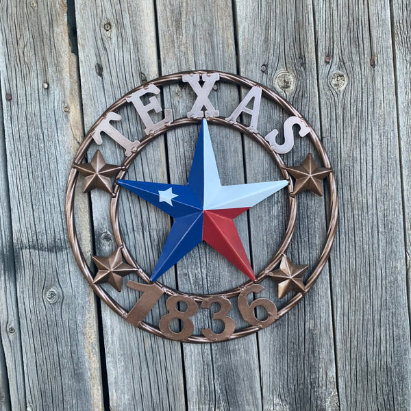 TEXAS FLAG STAR RED WHT BLUE STAR & BRONZE COPPER RING 1836 TEXAS METAL BARN LONE STAR WESTERN HOME DECOR HANDMADE NEW 12",18",24",32",36",50"