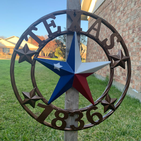 TEXAS FLAG STAR RED WHT BLUE STAR & BRONZE COPPER RING 1836 TEXAS METAL BARN LONE STAR WESTERN HOME DECOR HANDMADE NEW 12",18",24",32",36",50"