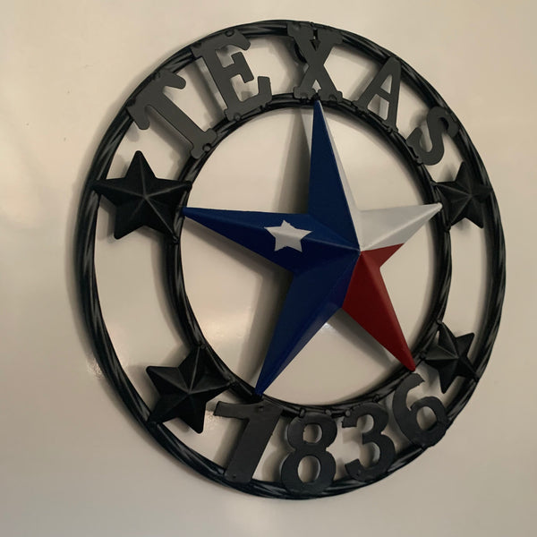 TEXAS FLAG STAR RED WHT BLUE STAR & BLACK RING METAL BARN LONE STAR WESTERN HOME DECOR HANDMADE NEW 12",18",24",36",50"