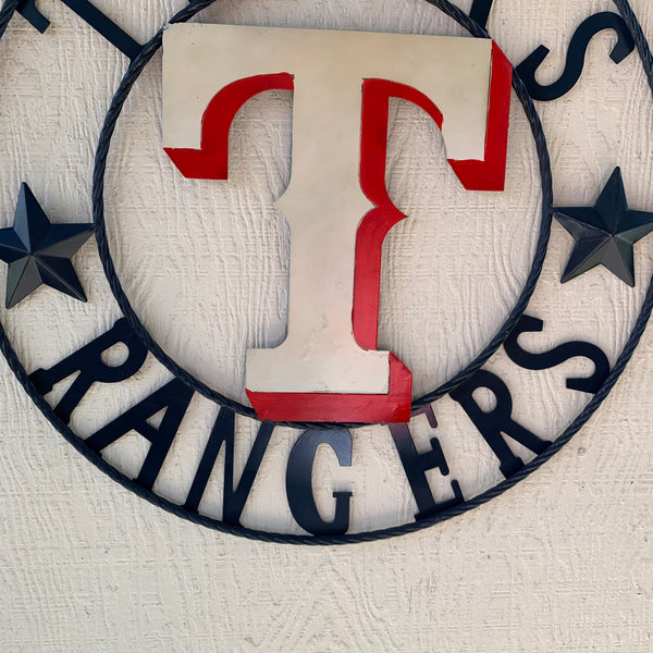 12", 18", 24", 32" TEXAS RANGERS BARN CUSTOM METAL VINTAGE CRAFT SIGN TEAM  WHITE & RED & NAVY BLUE RING & STAR HANDMADE
