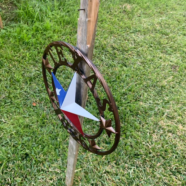 TEXAS FLAG STAR RED WHT BLUE STAR & BRONZE COPPER RING 1836 TEXAS METAL BARN LONE STAR WESTERN HOME DECOR HANDMADE NEW 12",18",24",32",36",50"