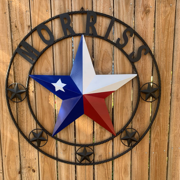 MORRISS TEXAS FLAG STYLE CUSTOM NAME STAR TWISTED ROPE BLACK RING WESTERN HOME DECOR HANDMADE