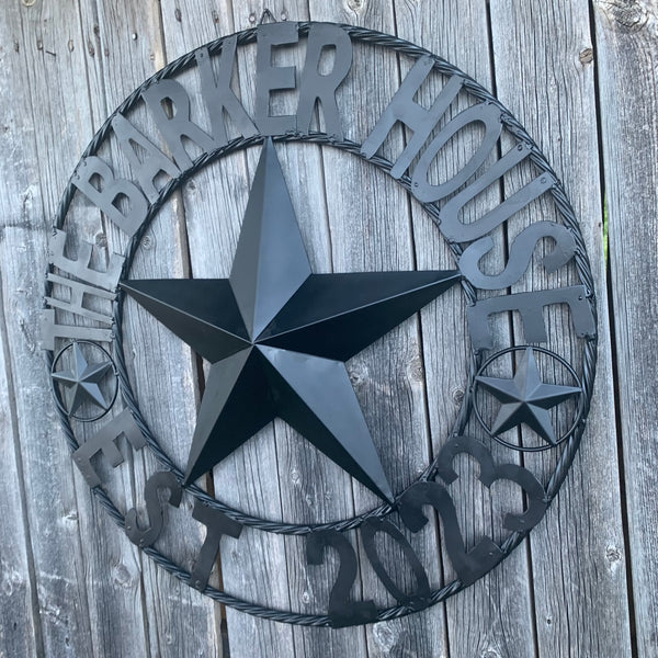 BARKER STYLE CUSTOM NAME STAR BARN METAL STAR 3d TWISTED ROPE RING LONESTAR WESTERN HOME DECOR RUSTIC BLACK HANDMADE 24",32",36",50"