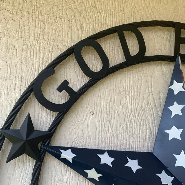 GOD BLESS AMERICA USA FLAG 3d STAR METAL BARN STAR LONE STAR TWISTED ROPE RING WALL ART WESTERN HOME DECOR RED WHITE & BLUE HANDMADE NEW #EH10490