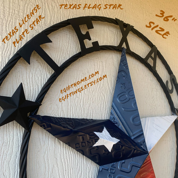 TEXAS LICENSE PLATE BARN STAR METAL LONE STAR TWISTED BLACK RING & LETTERS WESTERN HOME DECOR HANDMADE NEW