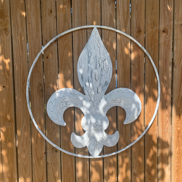 24",36" FLEUR DE LIS METAL CRACKLE WHITE WESTERN HOME DECOR HANDMADE WALL ART NEW