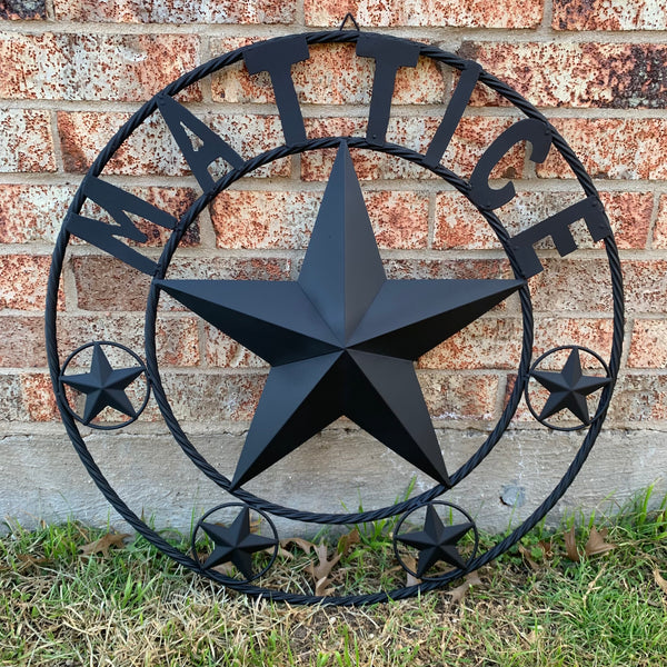 MATTICE STYLE BLACK STAR YOUR CUSTOM NAME BARN METAL STAR 3d TWISTED ROPE RING WESTERN HOME DECOR HANDMADE 24",32",36",50"