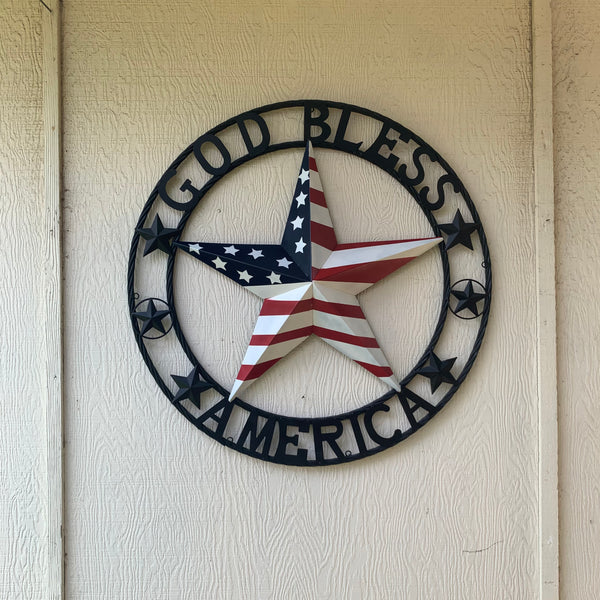 GOD BLESS AMERICA USA FLAG 3d STAR METAL BARN STAR LONE STAR TWISTED ROPE RING WALL ART WESTERN HOME DECOR RED WHITE & BLUE HANDMADE NEW #EH10490