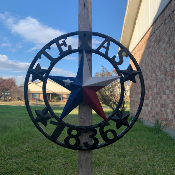 TEXAS FLAG STAR RED WHT BLUE STAR & BLACK RING METAL BARN LONE STAR WESTERN HOME DECOR HANDMADE NEW 12",18",24",36",50"