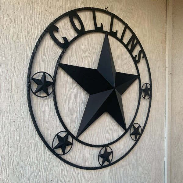 COLLINS STYLE CUSTOM STAR NAME BARN METAL STAR 3d TWISTED ROPE RING WESTERN HOME DECOR RUSTIC  BLACK HANDMADE 24",32",36",50"