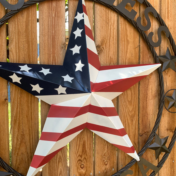 GOD BLESS AMERICA USA FLAG 3d STAR METAL BARN STAR LONE STAR TWISTED ROPE RING WALL ART WESTERN HOME DECOR RED WHITE & BLUE HANDMADE NEW #EH10490