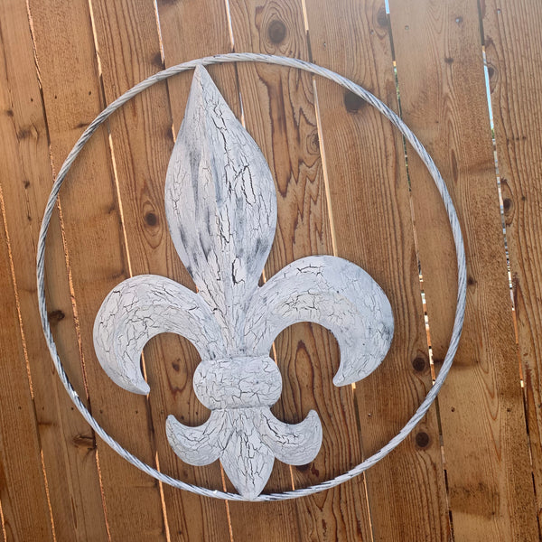 24",36" FLEUR DE LIS METAL CRACKLE WHITE WESTERN HOME DECOR HANDMADE WALL ART NEW