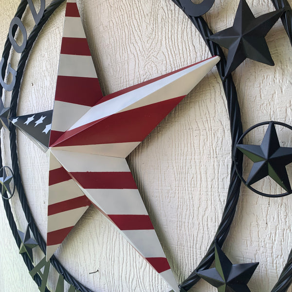 GOD BLESS AMERICA USA FLAG 3d STAR METAL BARN STAR LONE STAR TWISTED ROPE RING WALL ART WESTERN HOME DECOR RED WHITE & BLUE HANDMADE NEW #EH10490