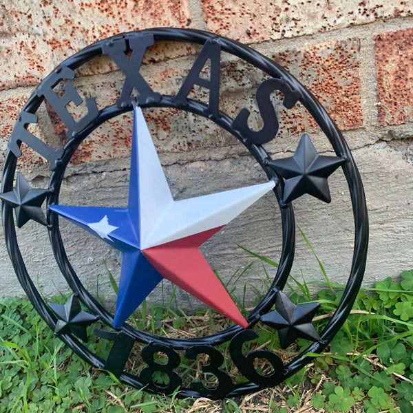 TEXAS FLAG STAR RED WHT BLUE STAR & BLACK RING METAL BARN LONE STAR WESTERN HOME DECOR HANDMADE NEW 12",18",24",36",50"