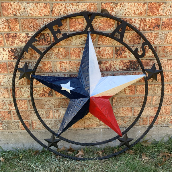 TEXAS LICENSE PLATE BARN STAR METAL LONE STAR TWISTED BLACK RING & LETTERS WESTERN HOME DECOR HANDMADE NEW