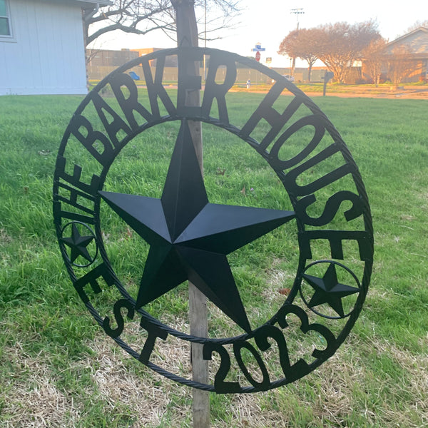 BARKER STYLE CUSTOM NAME STAR BARN METAL STAR 3d TWISTED ROPE RING LONESTAR WESTERN HOME DECOR RUSTIC BLACK HANDMADE 24",32",36",50"